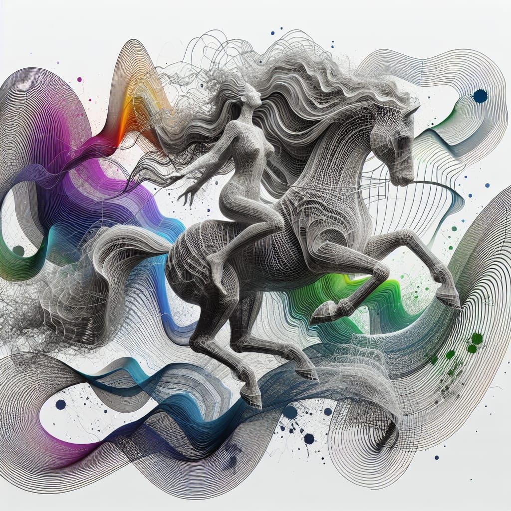 Abstract Wireframe Woman Riding Waveform Horse