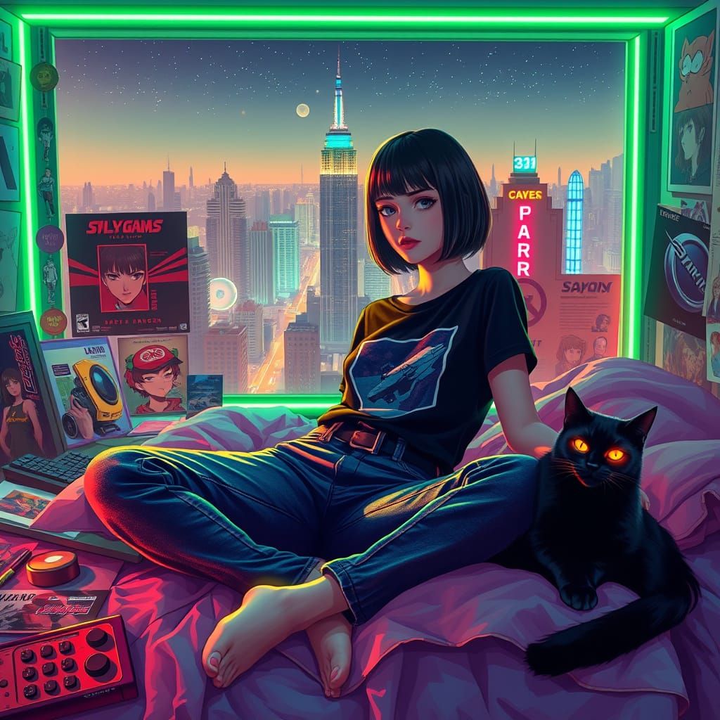 Girl in Retro-Futuristic Bed, Neon Glowing
