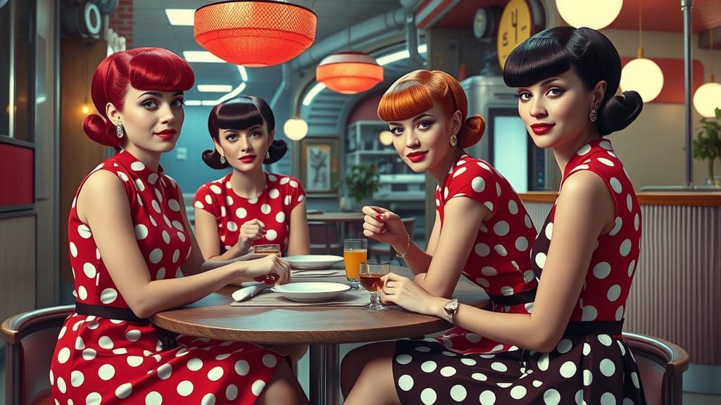 Retro Fashionistas with B-52 Hair in Polka Dot Dresses