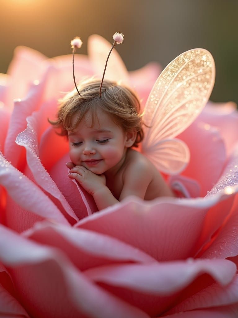 Delicate Fairy Resting on Dewy Rose: Macro Photography