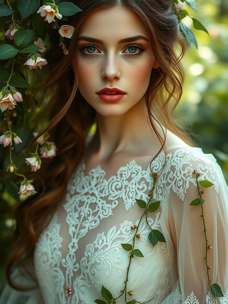 Ethereal Woman in Garden, Pre-Raphaelite Style