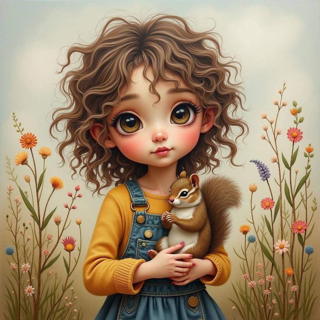 Girl with Squirrel in Arthro Boho Style
