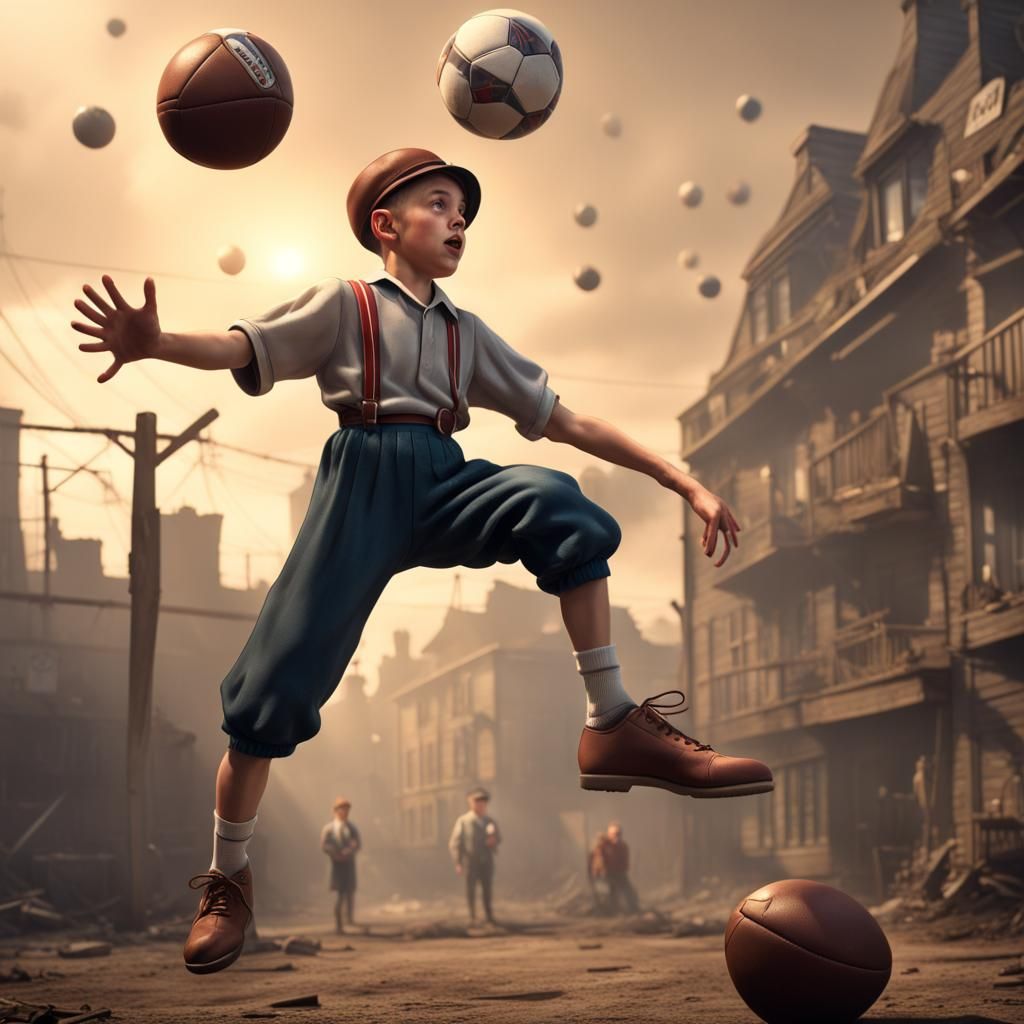 Boy Juggling Football in 1940s, Detailed Matte Painting