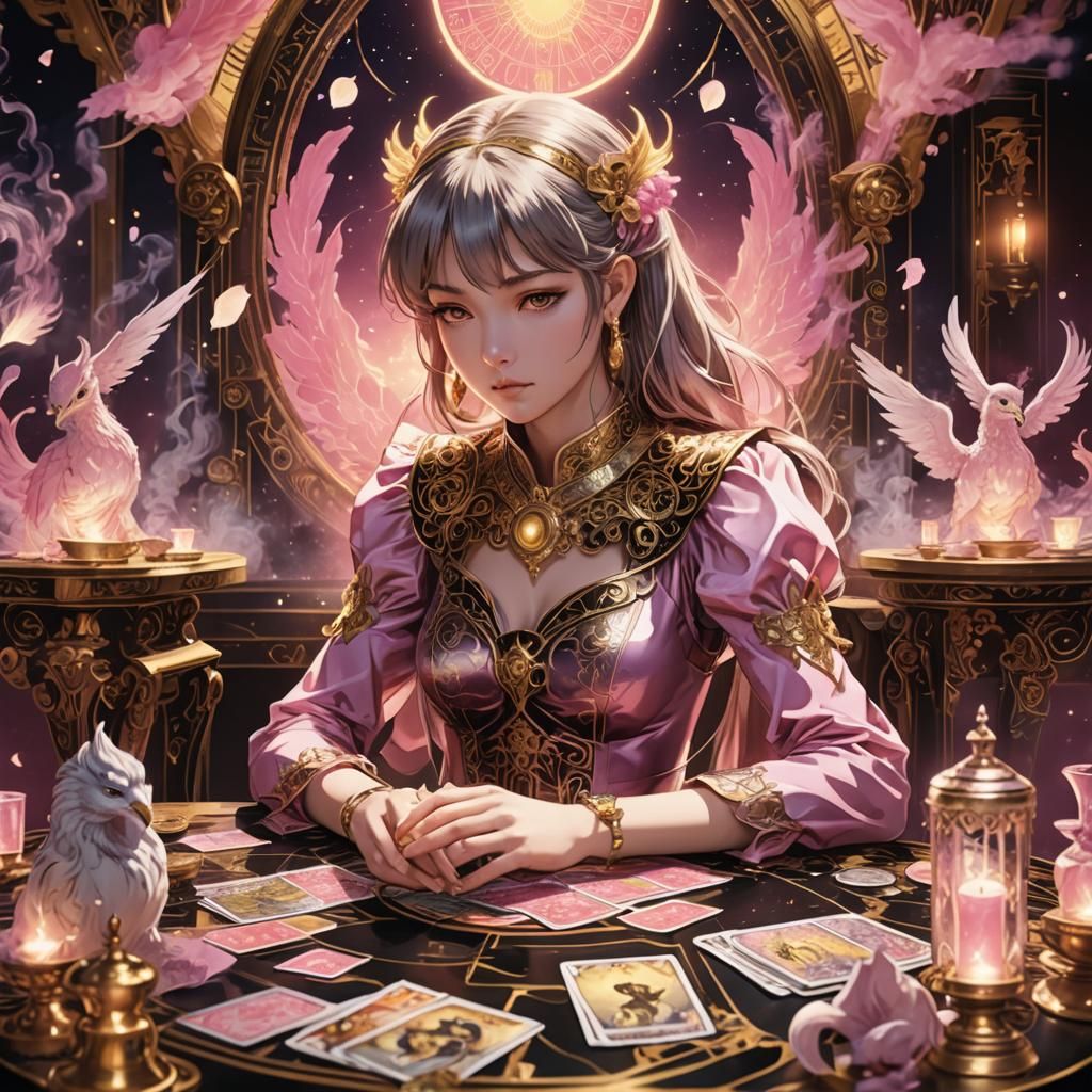 Anime Tarot Reader with Phoenix in Pink Tones