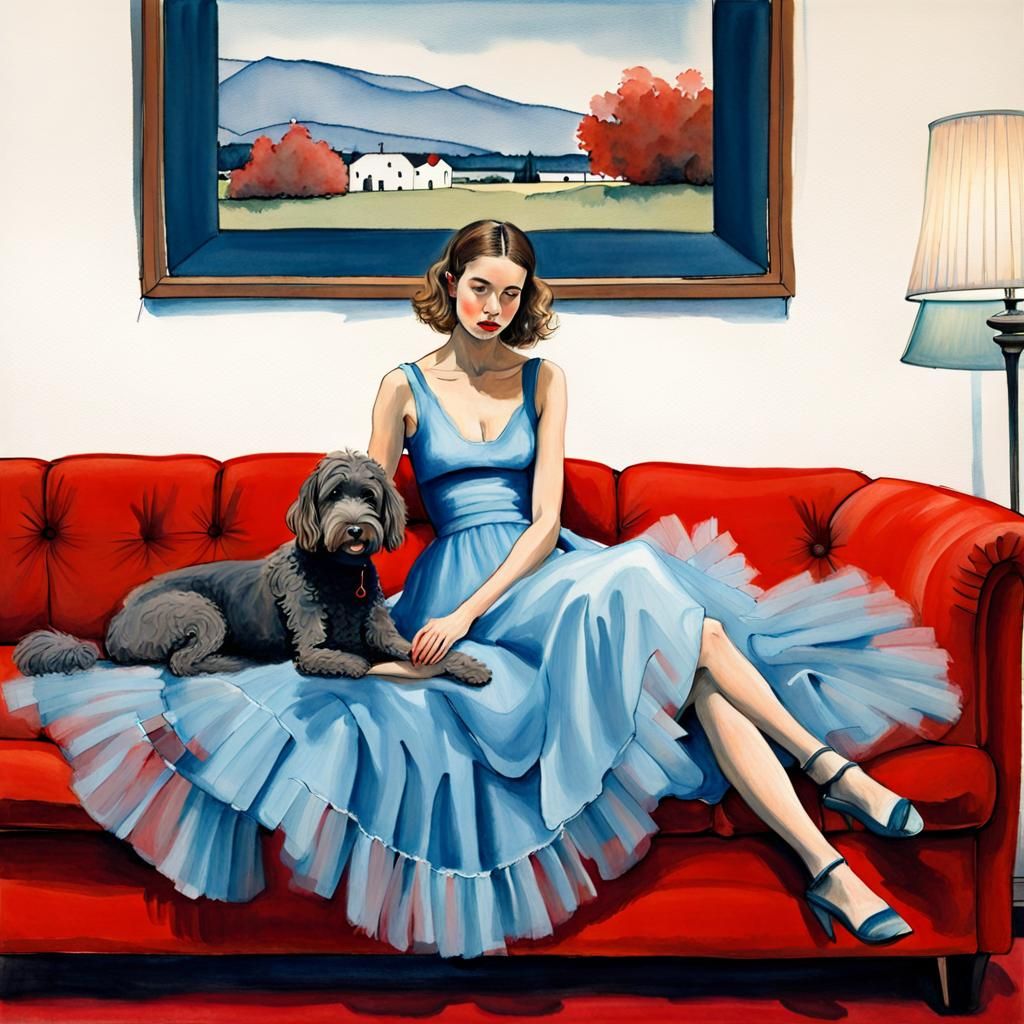 Girl in Blue Dress with Labradoodle, Edward Hopper Style