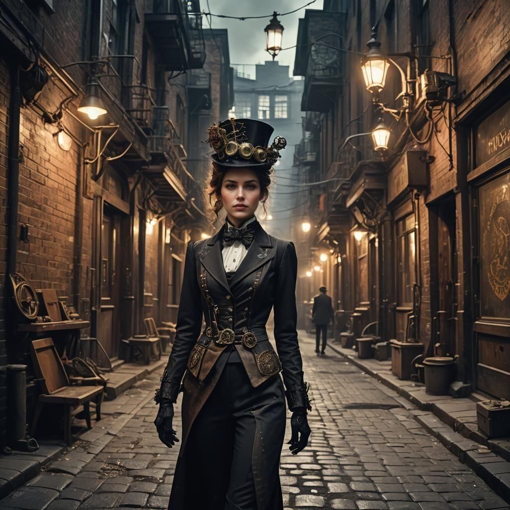 Steampunk Woman in Dimly Lit Alley