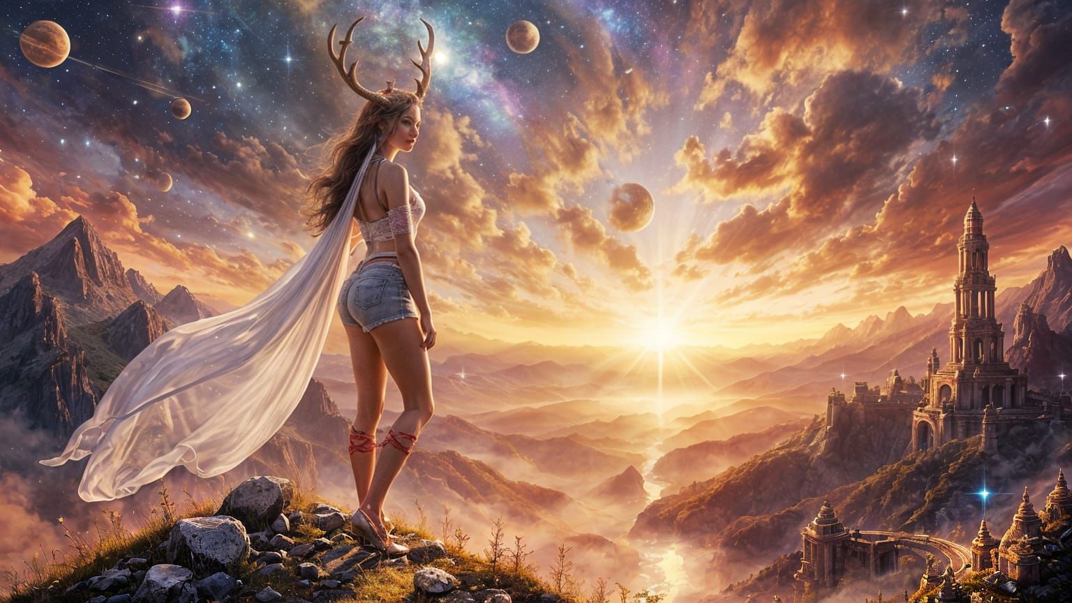 Tiefling Maiden Victorious on Mountain Amidst Nebulae