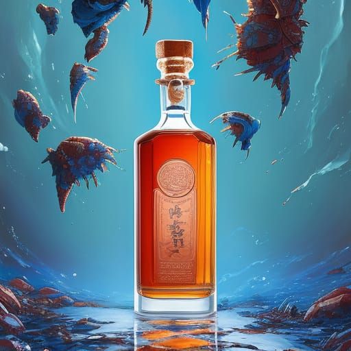 Blue Whiskey Bottle: Oil Painting by Ghibli Artists