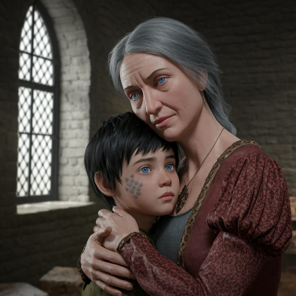 Medieval Queen Embraces Her Little Son in a Castle