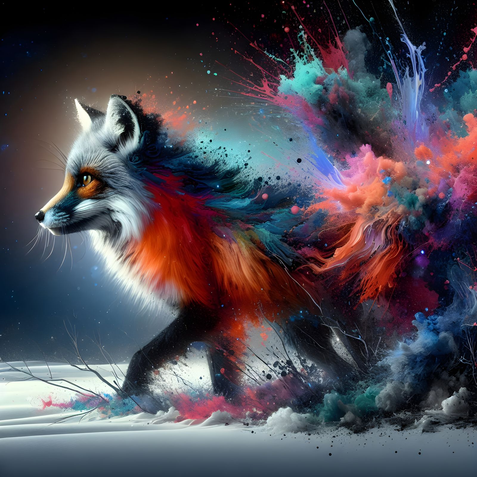 Dramatic Ink Splatter Fox on Winter Night