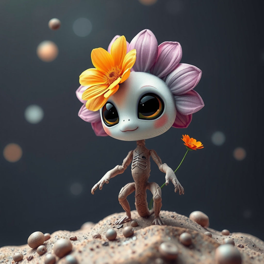 Cute Alien Flower Being in Cosmic Landscape