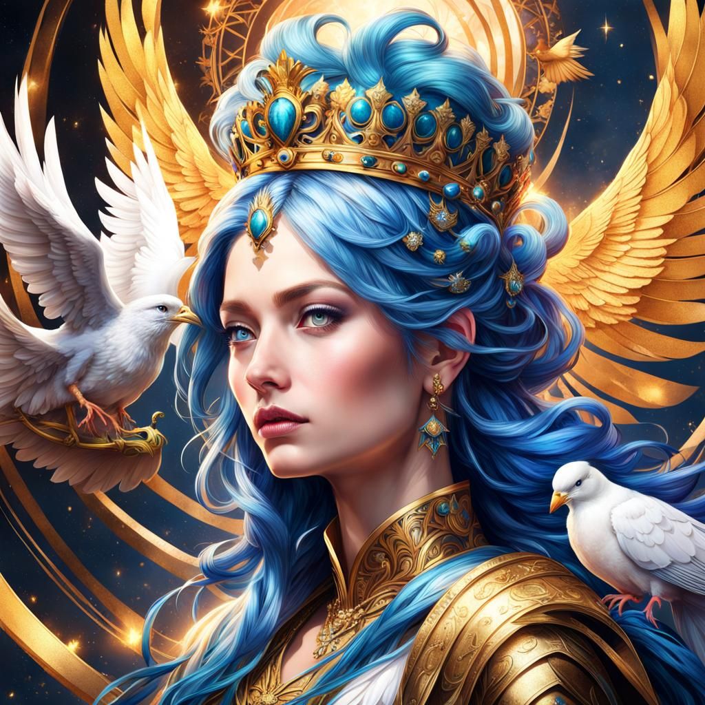 Majestic Queen with Crowned Dove in Regal Portrait