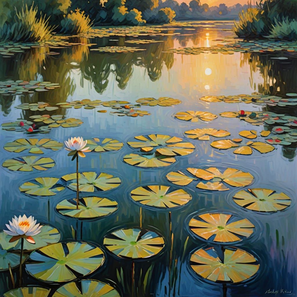 Monet-Inspired Water Lilies at Sunset