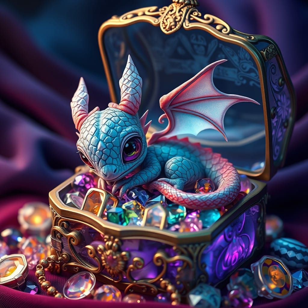 Whimsical Baby Dragon Amidst Glass Jewelry Treasure