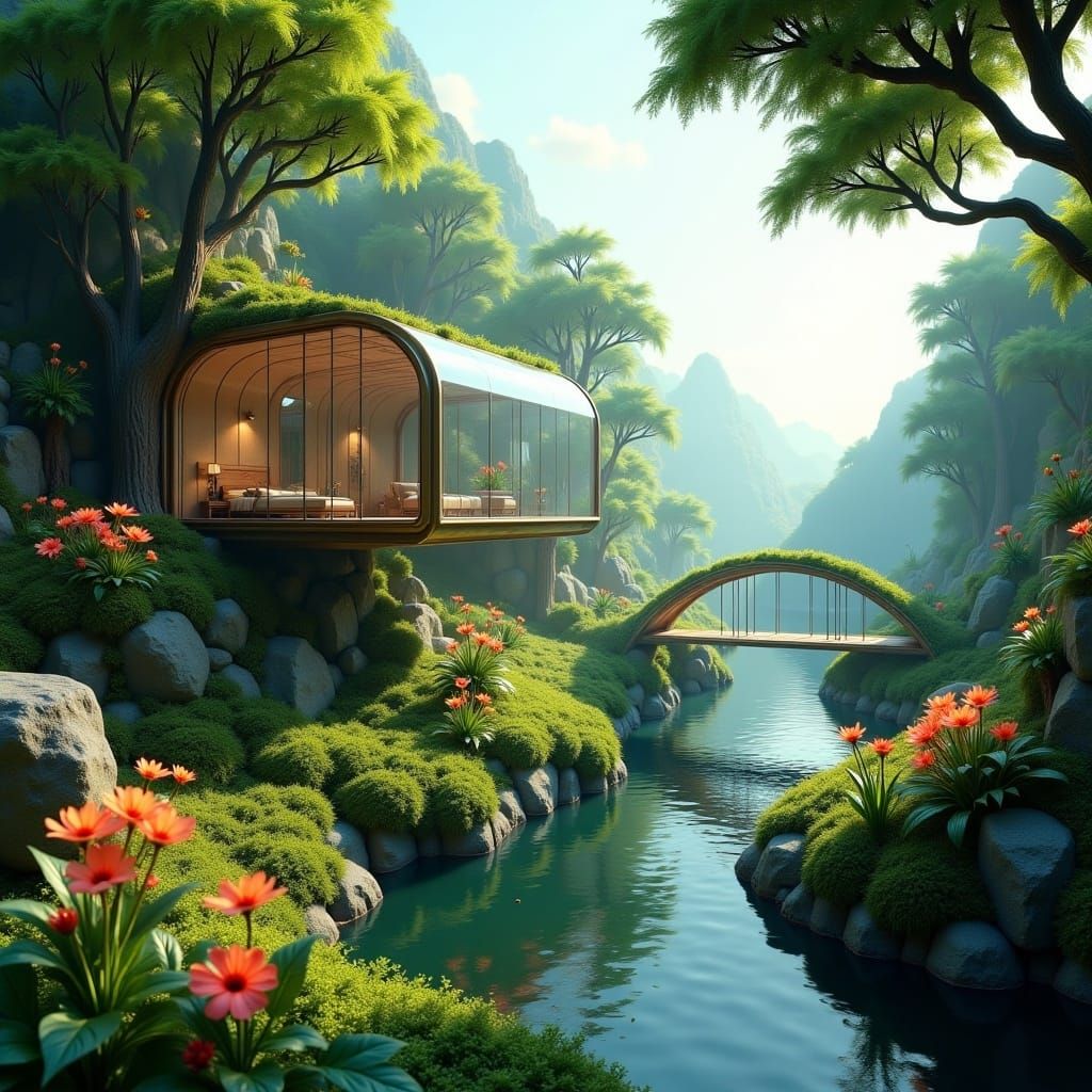 Transparent Treehouse Over River Bridge in Realistic Style