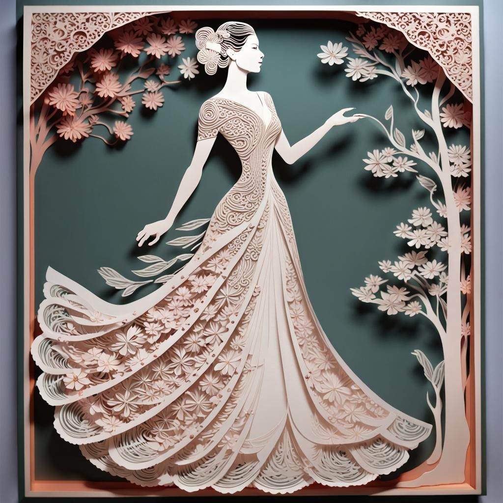 Elegant Woman in Paper-Cutting Dress: Realistic 3D Image