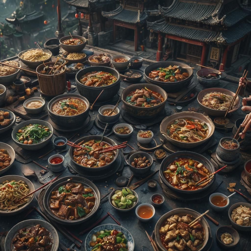 Chinese People Eating with Chopsticks: Detailed Matte Painti...