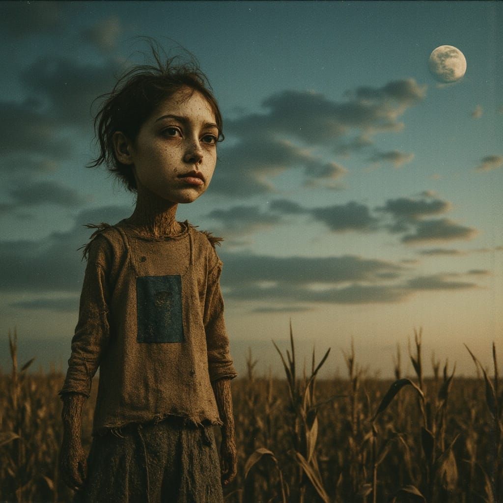 Lonely Scarecrow in Twilight Cornfield
