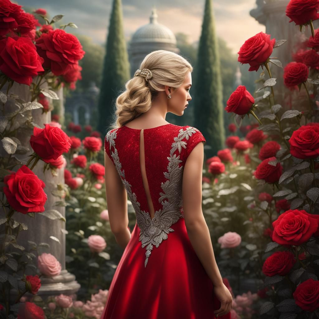 Blonde Woman in Red Dress in Rose Garden