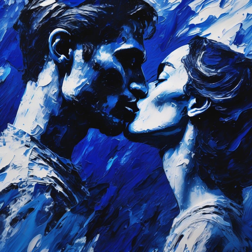 Passionate Kiss: Surreal Impressionist Art in Blue