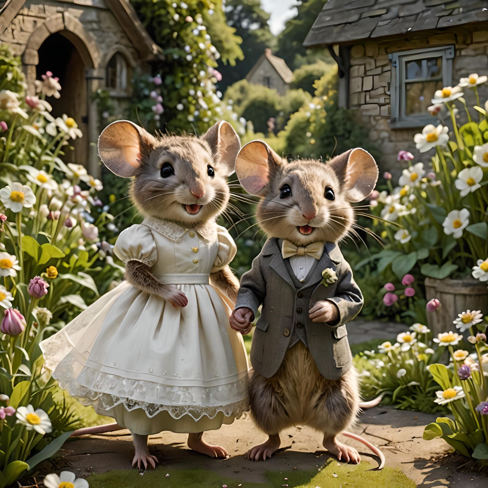 Adorable Mouse Couple in Whimsical Cottage Garden