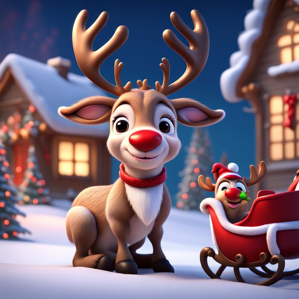 Disney pixar style 3D cute baby reindeer dragon with a bright shiny red nose sitting in front of Santa's sleigh