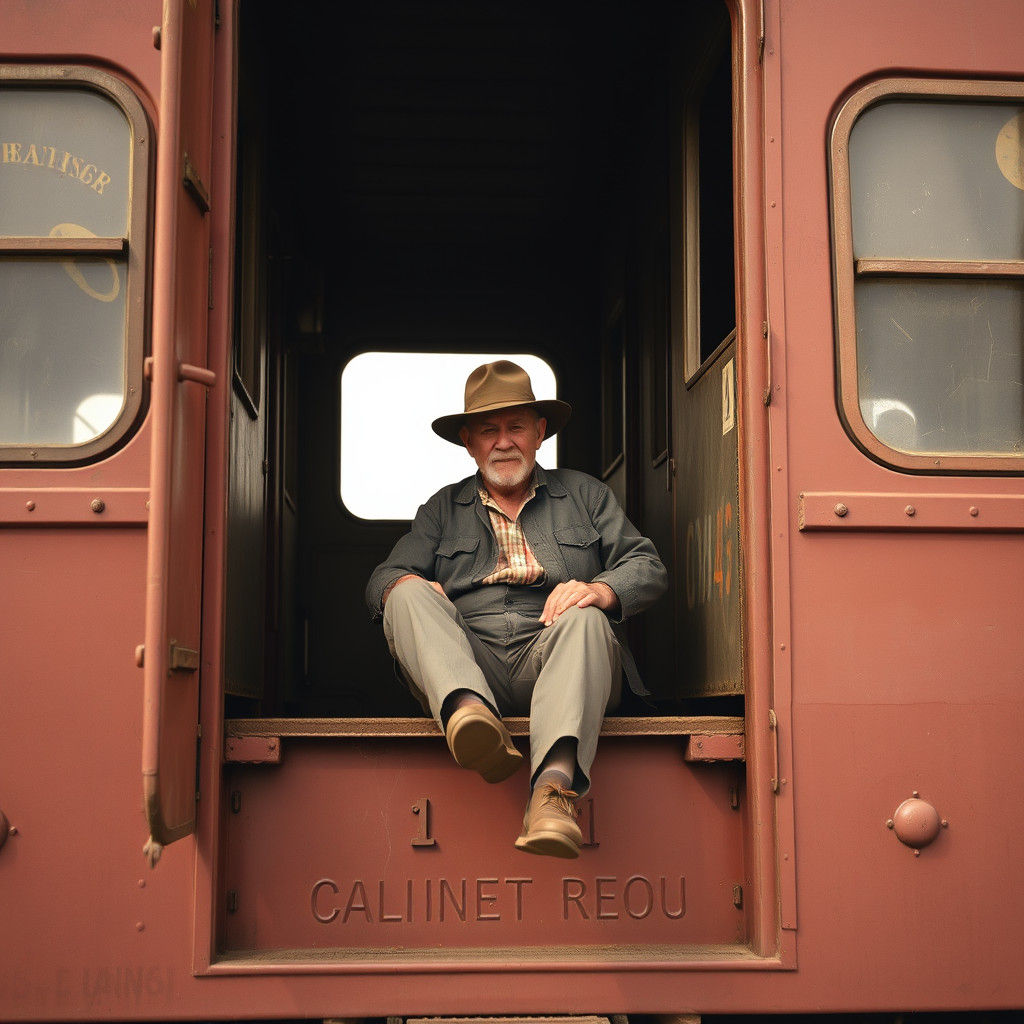Hobo in Train Boxcar, Legs Dangling