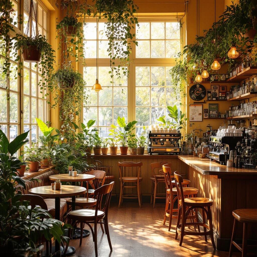 Warm Cafe Oasis with Golden Hour Light and Lush Plants