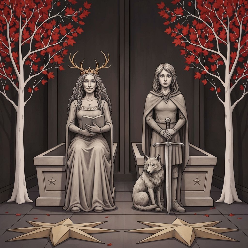 Medieval Queens' Tomb Statues with Red Leaf Decor