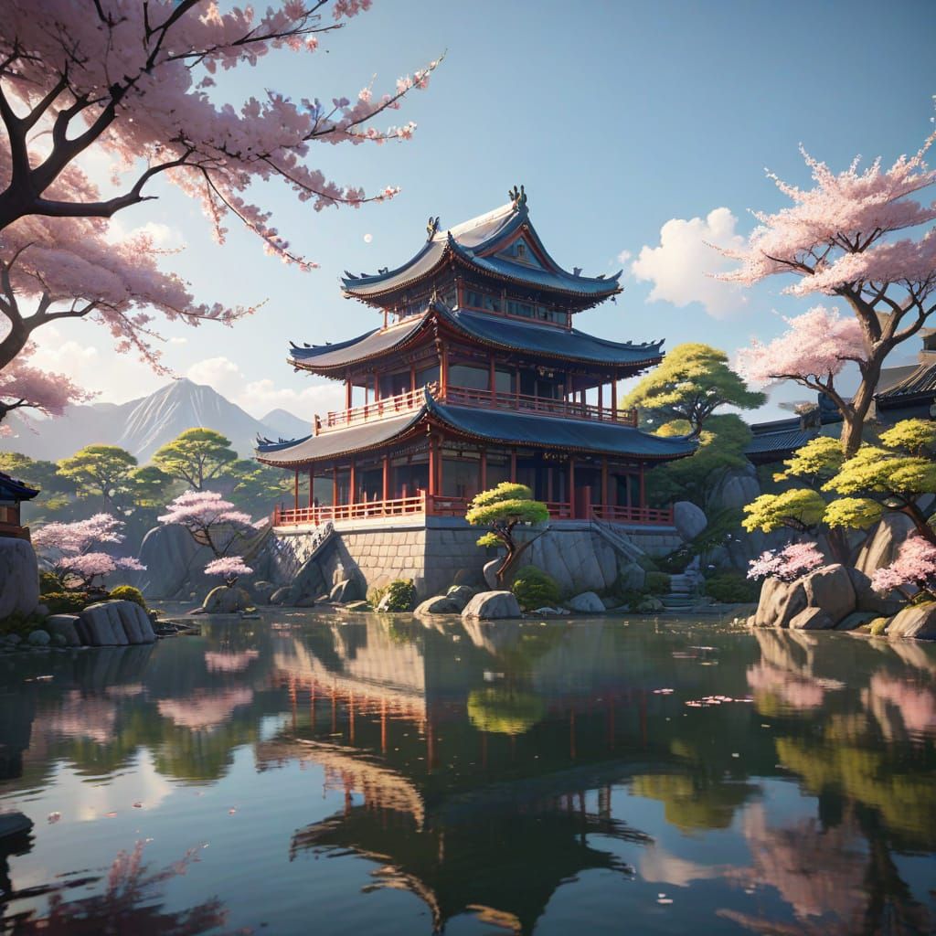 Chinese Palace and Zen Garden in Anime Style