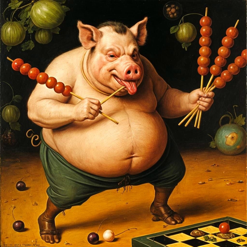 Pig-Headed Man Concentrates on Playing Mikado