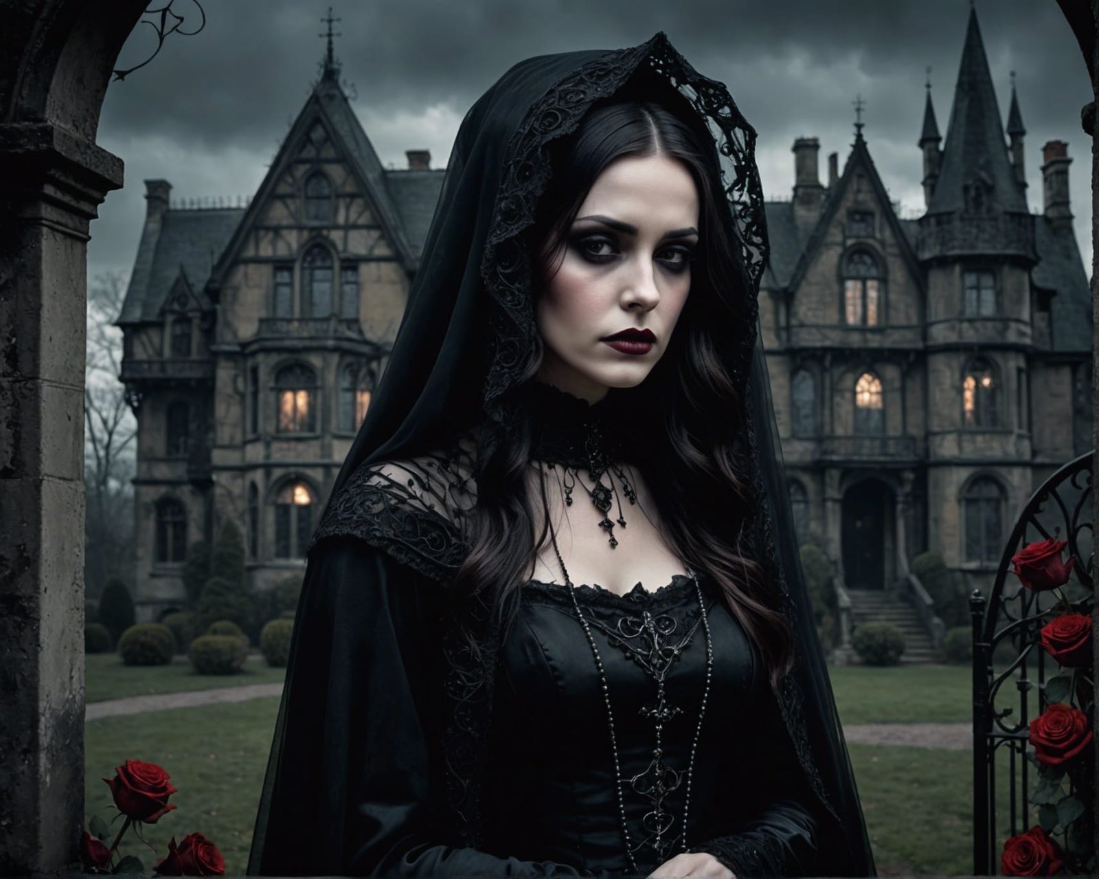 Gothic Woman in Veil with Roses