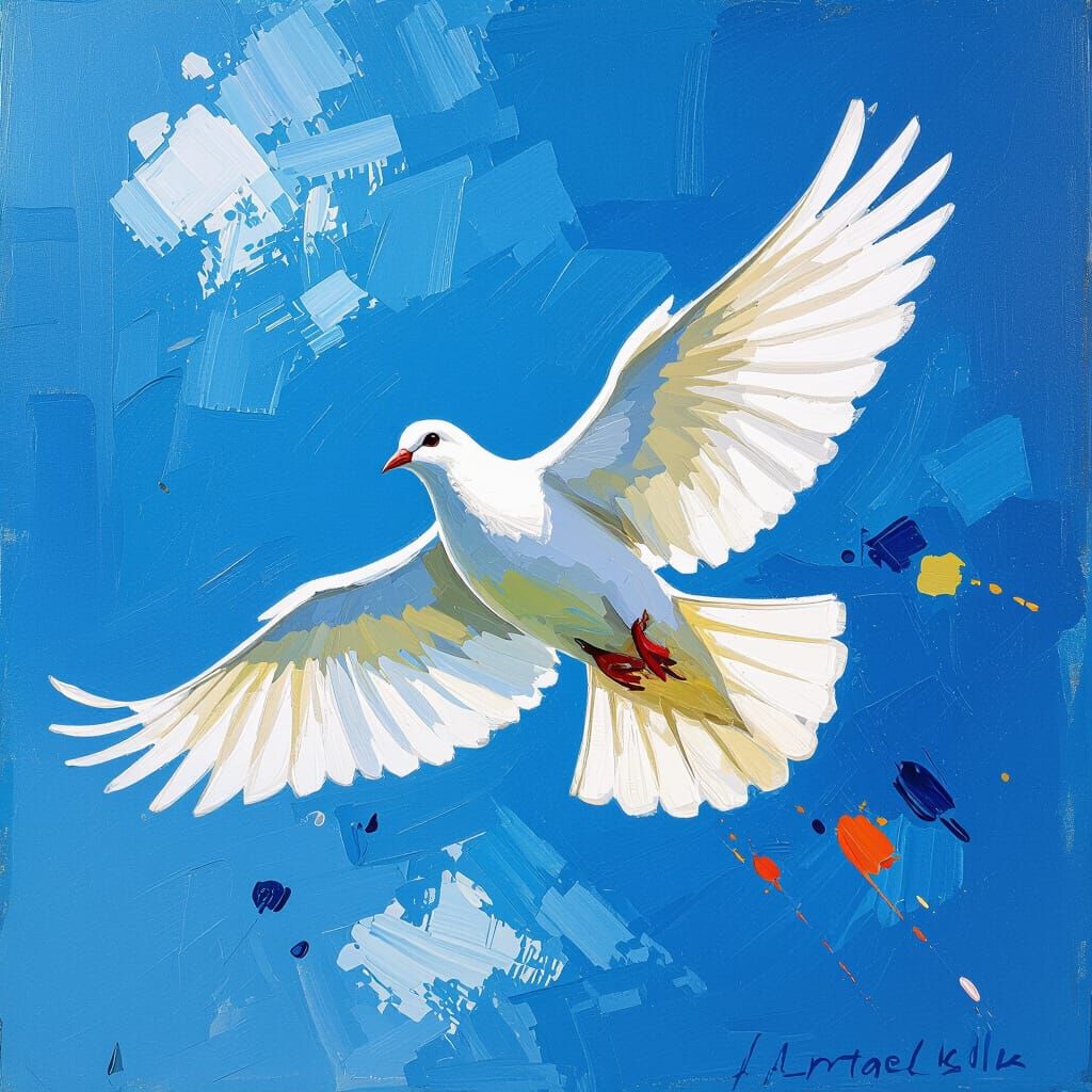 Dove Soaring in Impressionistic Blue Sky