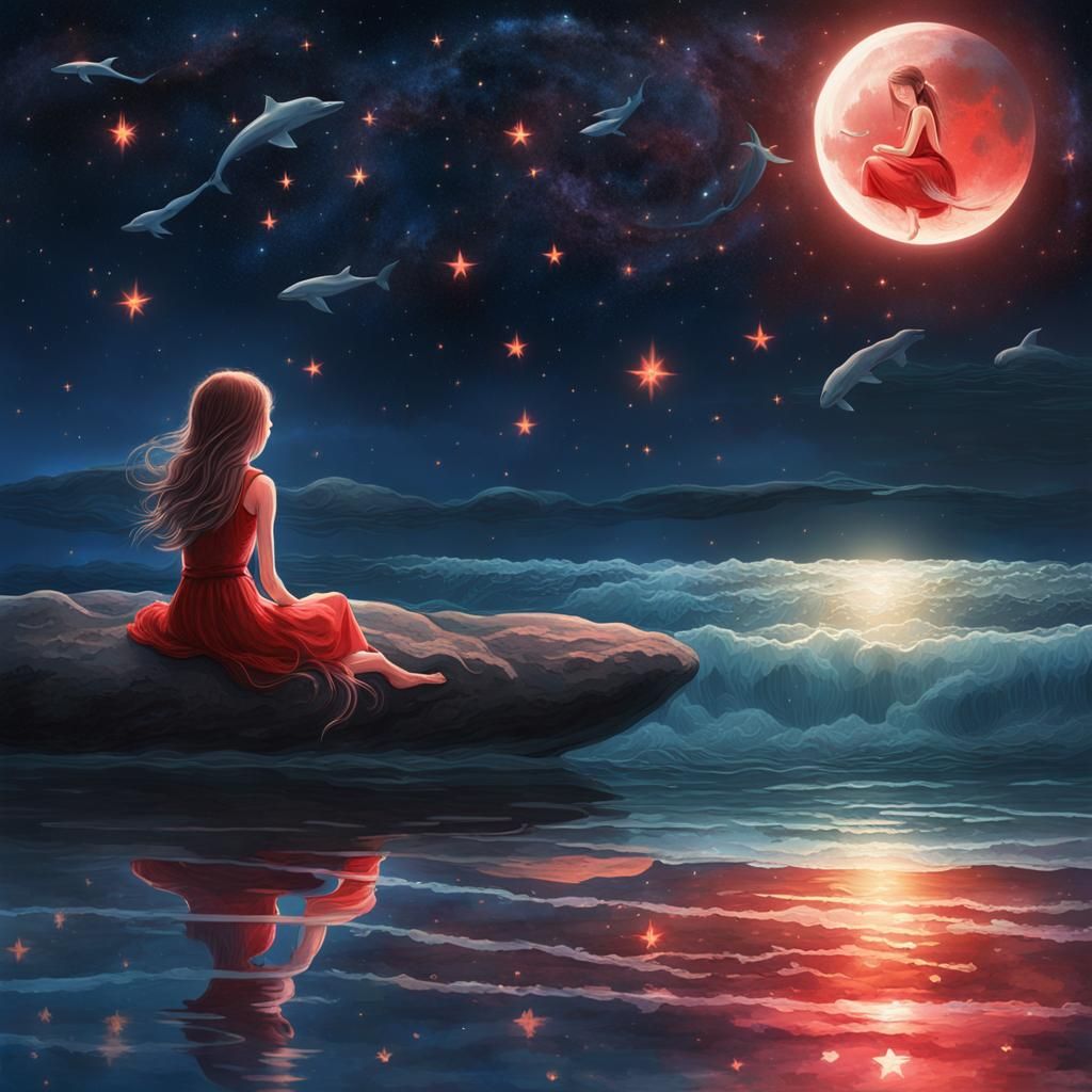 Dreamlike Nightscape with Girl on Crescent Moon