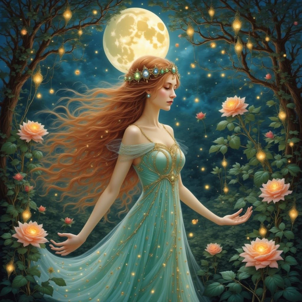 Elven Queen in Bioluminescent Moonlit Garden, Art Nouveau