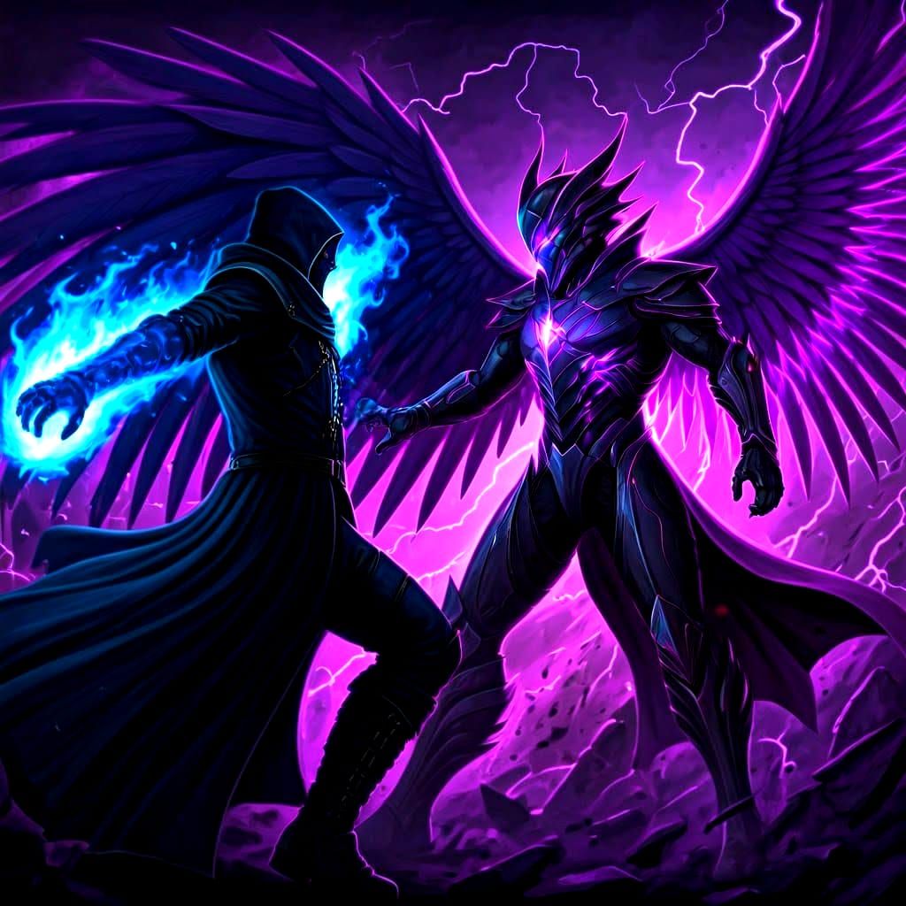 Cybernetic Pyromancer Battles Winged Swordsman