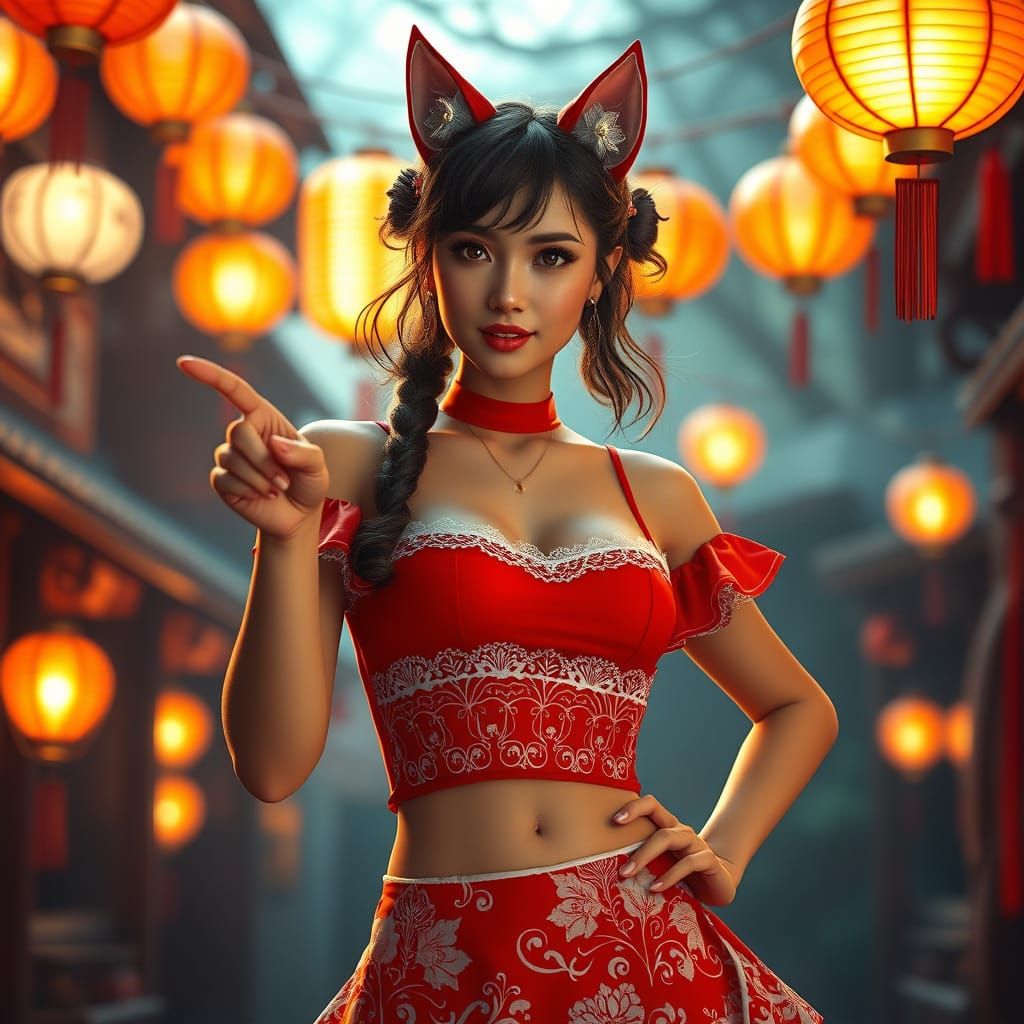 Whimsical Fantasy Maiden in Vibrant Red and White Costume
