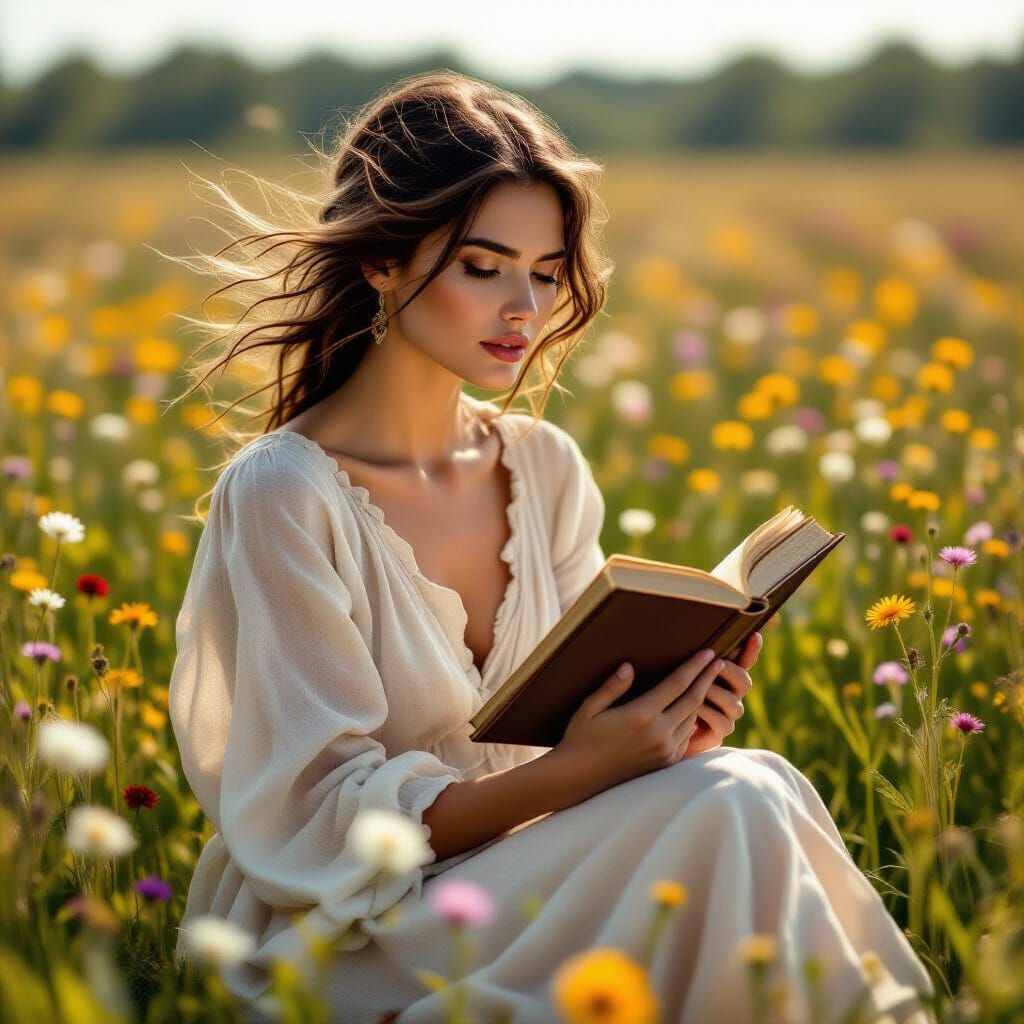 Woman in Wildflower Field with Book, Analog Film Style