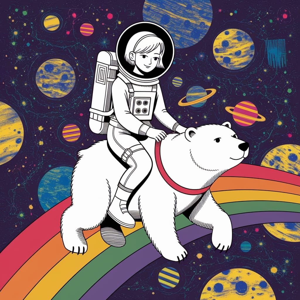 Astronaut Girl Rides Polar Bear on Rainbow in Space Comic Ar...