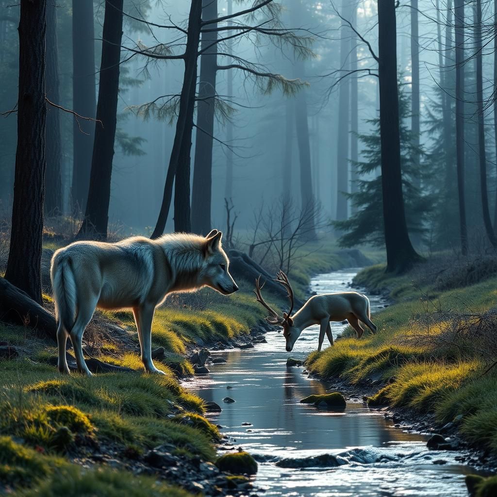 Wolf Watching Deer Drink in Forest Stream