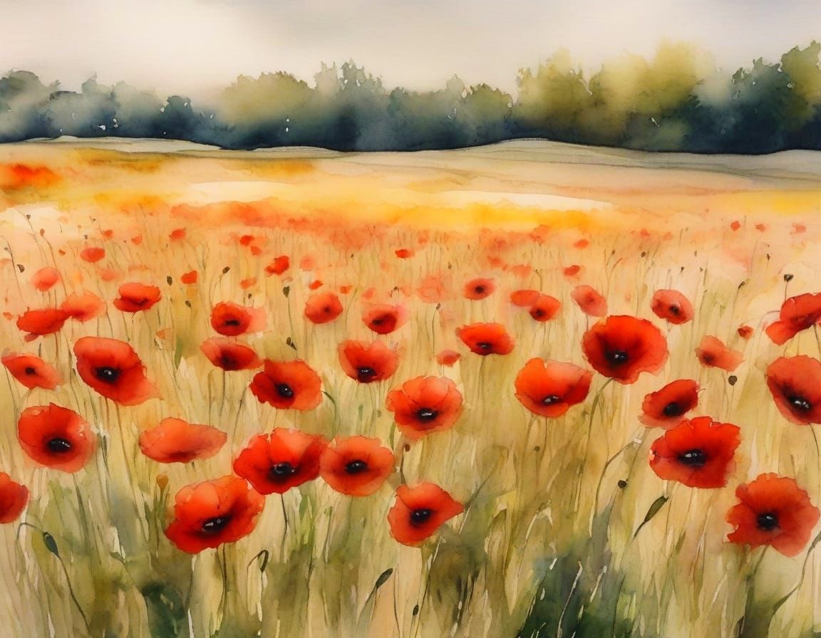 Watercolor and Ink Field of Poppies and Wheat