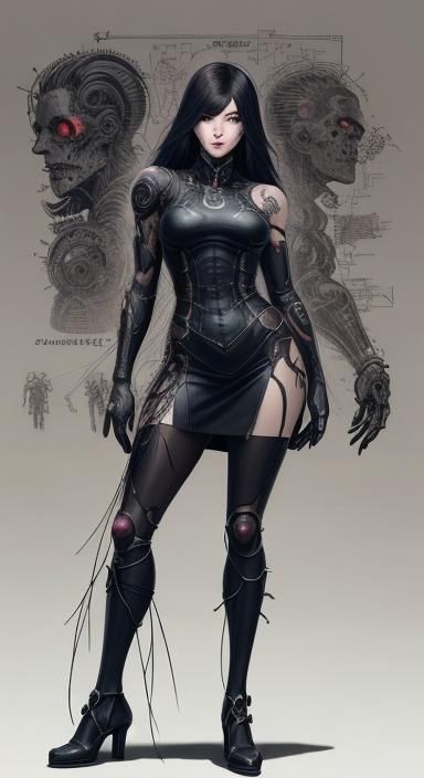 Curvy body, anime, woman, beautiful, anime art, skimpy, platinum long hair, red eyes, leather dress, Gothic, , Gothic ae...