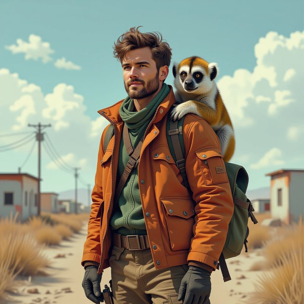 Urban Explorer with Monkey Companion in Retro-Futuristic Sty...
