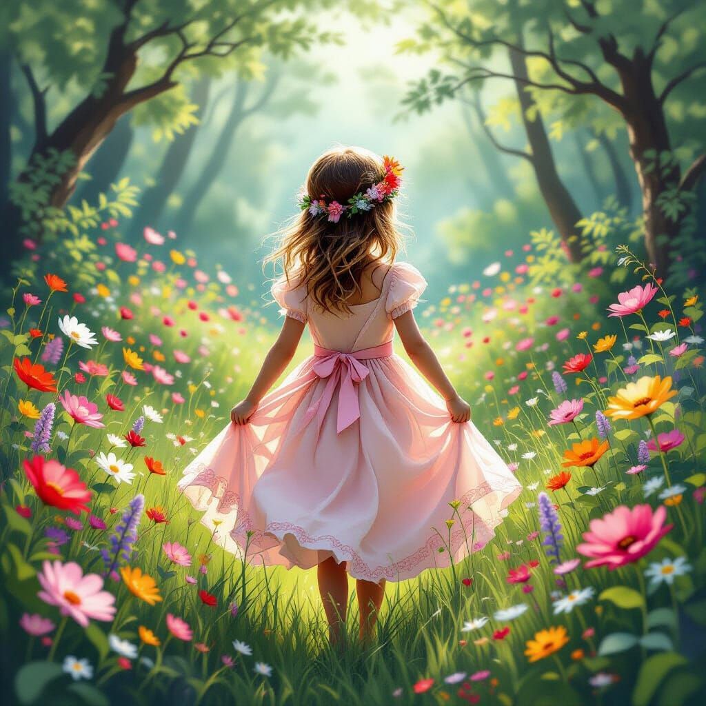 Girl in Pink Dress Amidst Whimsical Jungle Flowers