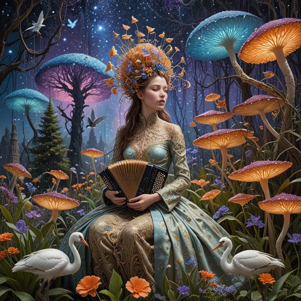 Ethereal Woman Transforms into Birds Amidst Cosmic Energy