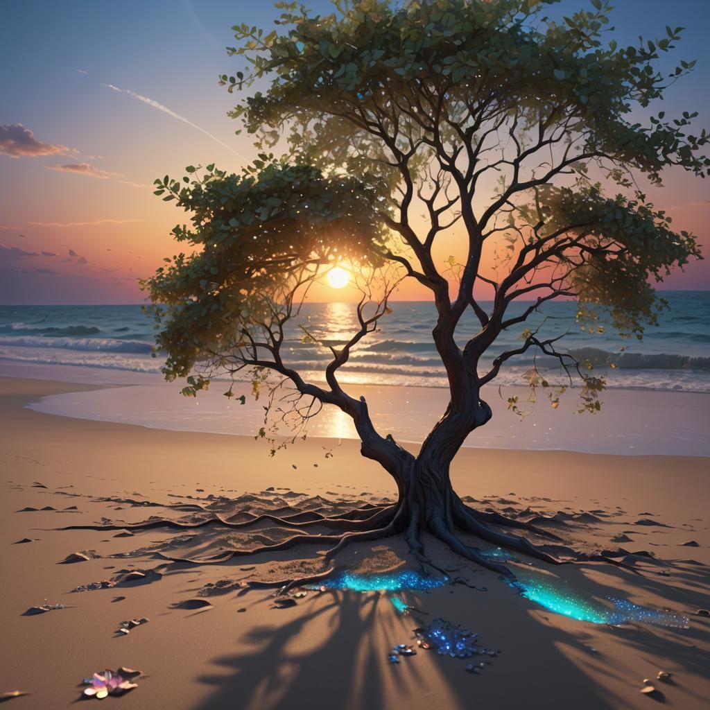 Bioluminescent Beach Sunset with Glowing Particles