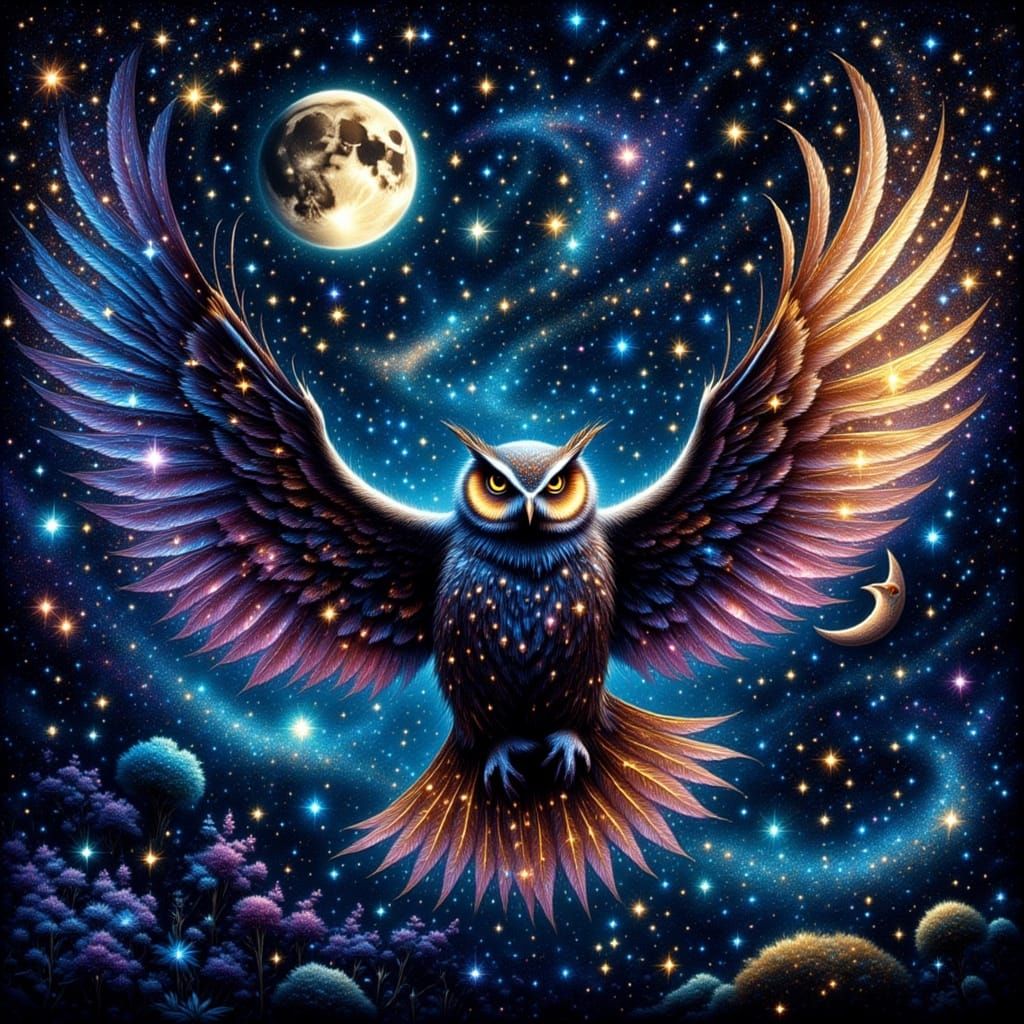 Majestic Owl Soaring Through Starry Night Sky