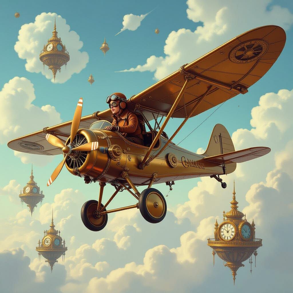 Steampunk Ornithopter Soaring Through Gear-Filled Sky