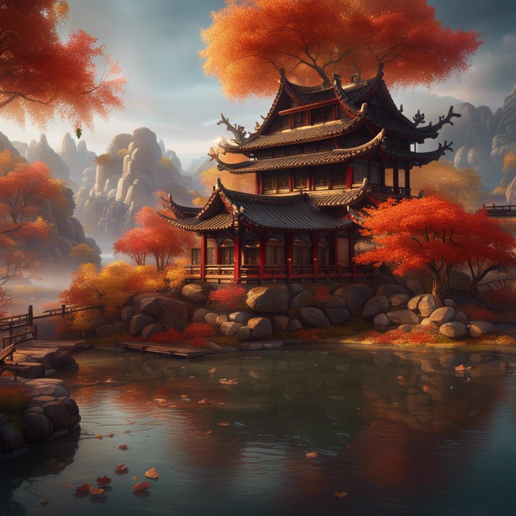 Autumn Chinese Landscape with Ancient Fishing House