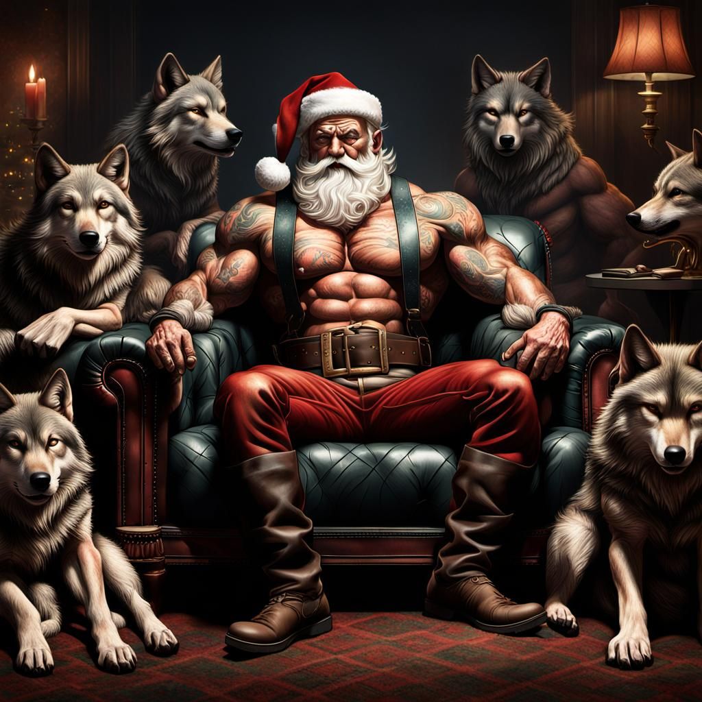 Muscular Santa Claus Surrounded by Wolves in Hyper-Realistic...
